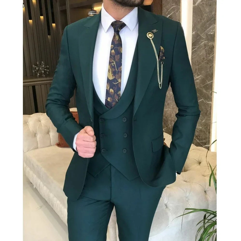 Green Navy Men's Suits 3 Pieces Slim Fit Suit Formal Business Groom Wear Wedding Tuxedos Blazer Vest Pants Costume Homme Mariage
