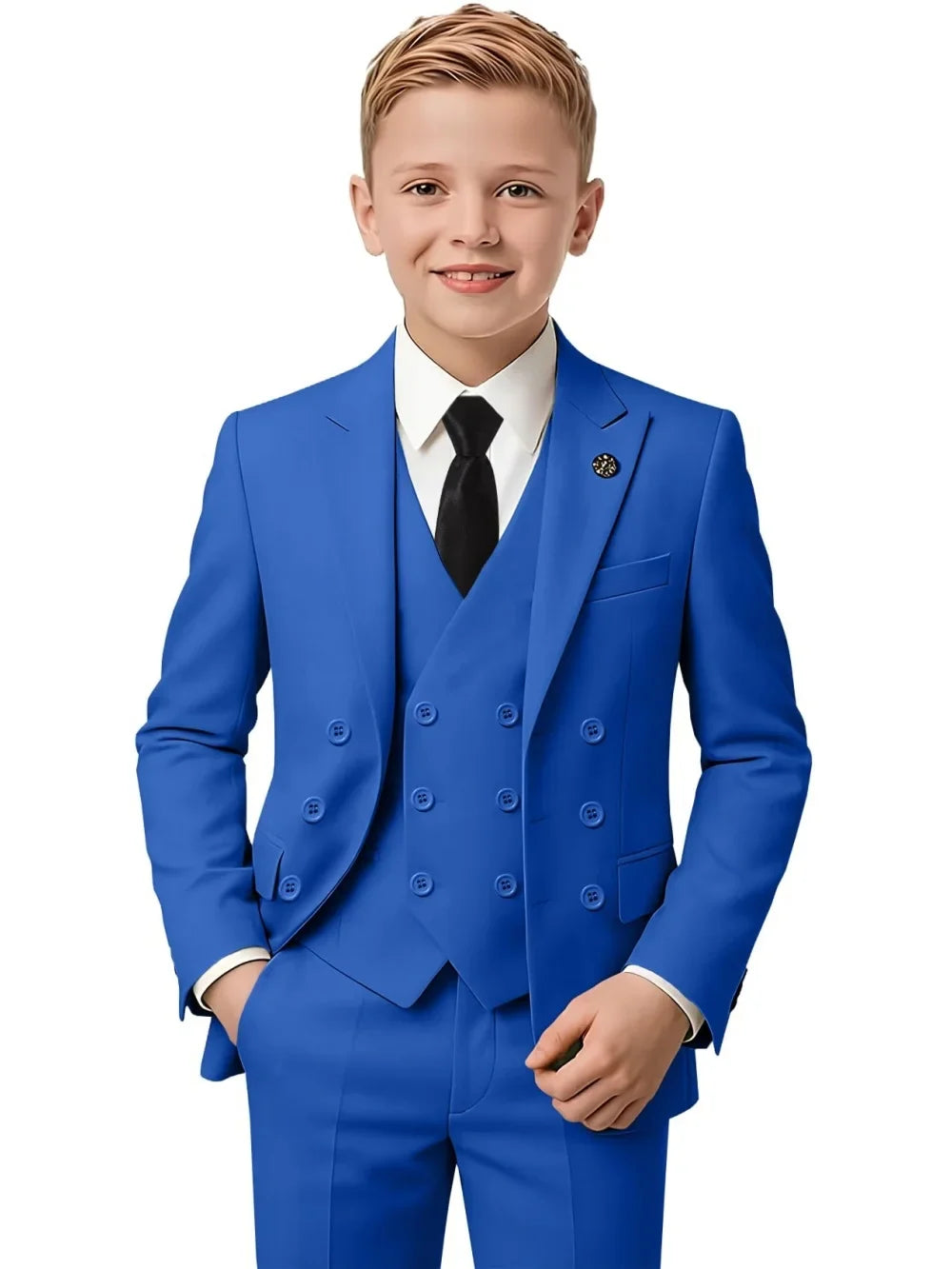 New Hot Sale Boys Slim Fit Tuxedo 3 Pieces Piano Performance Wear Double Breasted Kids Suit Set Banquet Party Outfit Plus Size