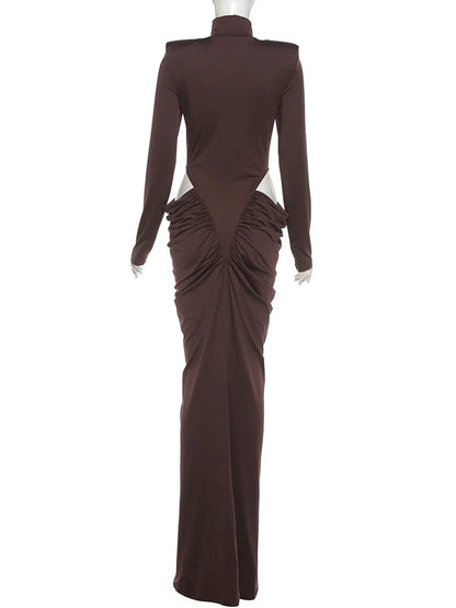 Nibber Hipster Waistless Ruched Elegant Dress Woman Autumn Style Turtleneck Full Sleeve Hollow Design Prom Party Long Bodycon