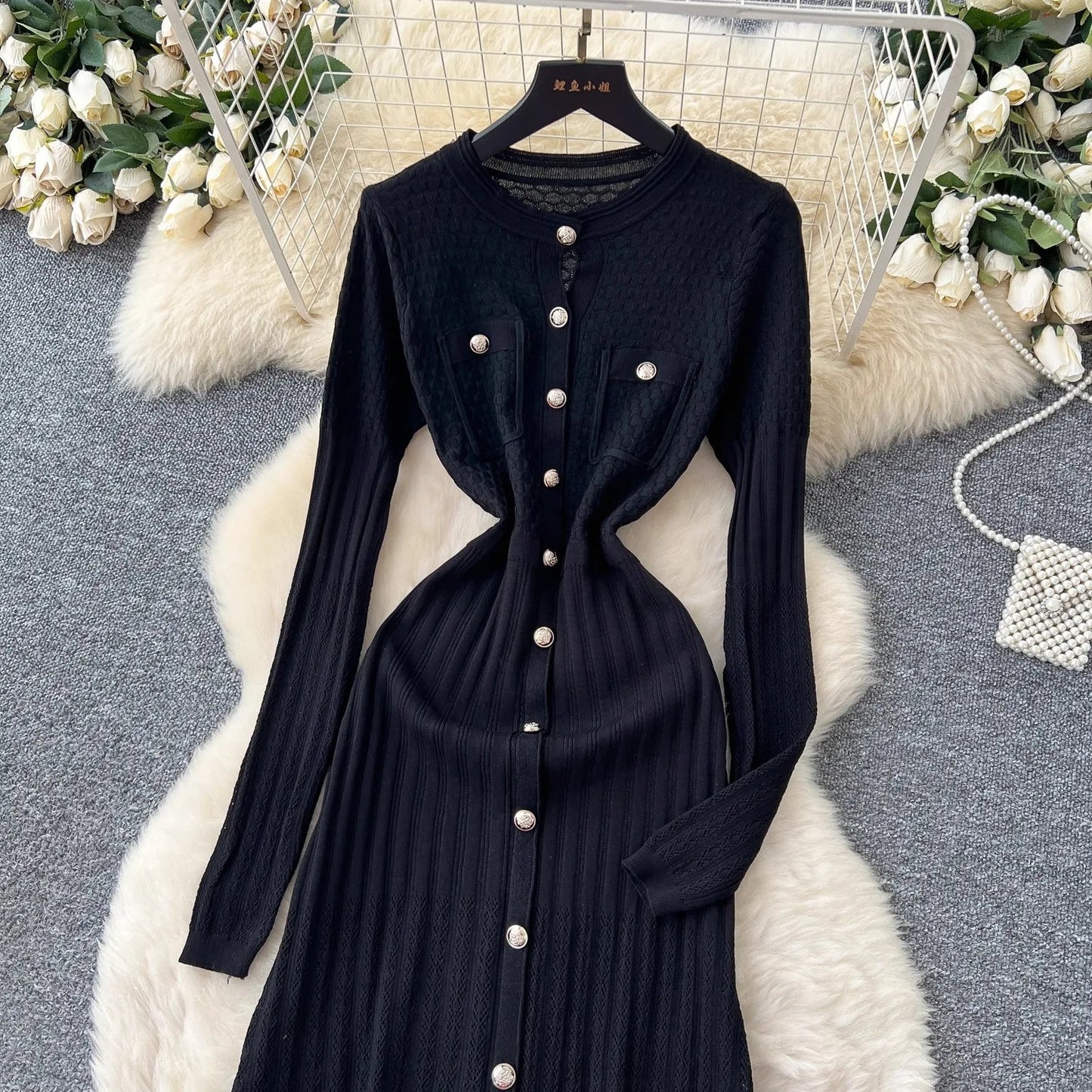 Brand Fashion Aesthetic Patchwork Knitted Maxi Dress Autumn Winter Women Luxury Shirt Sweater Dress Office Lady Vestido