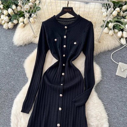 Brand Fashion Aesthetic Patchwork Knitted Maxi Dress Autumn Winter Women Luxury Shirt Sweater Dress Office Lady Vestido
