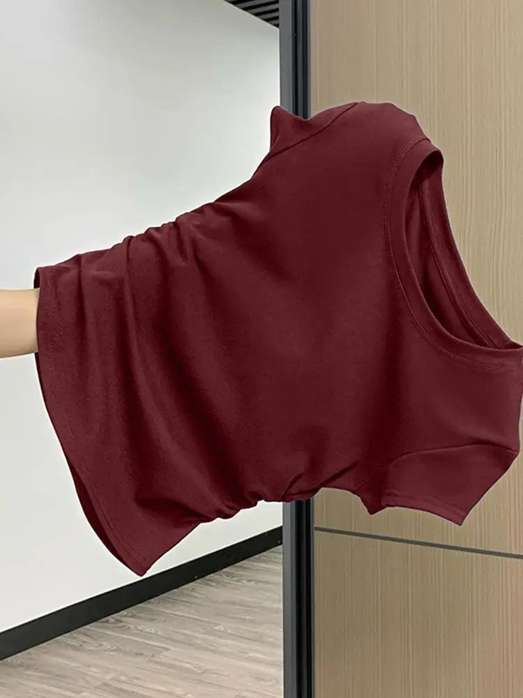 Summer Slim Fit Top for Women Casual Threaded Waist Cinched U-Shaped Hem Short Sleeve Irregular Hemline Women's Clothing