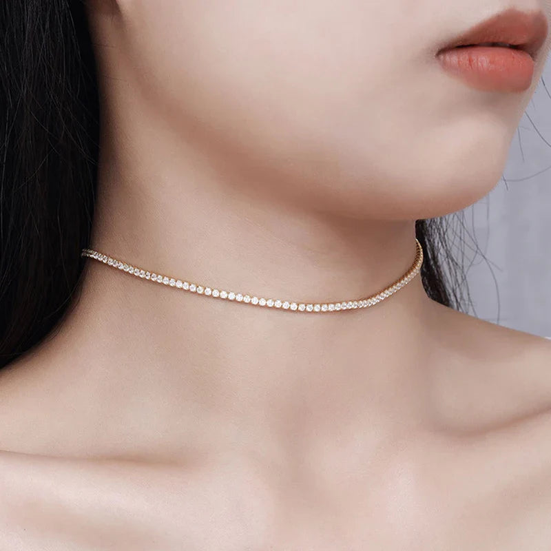 Adjustable Full 2mm 0.03CT D Color Moissanite Tennis Necklace for Women 925 Silver Plated 18K Gold Choker Neck Chain Gift