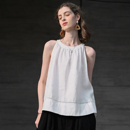 100% Linen Halter Tops Women 2026 Summer New Round Neck Sleeveless Tank Top French Office Ladies Loose Camisoles