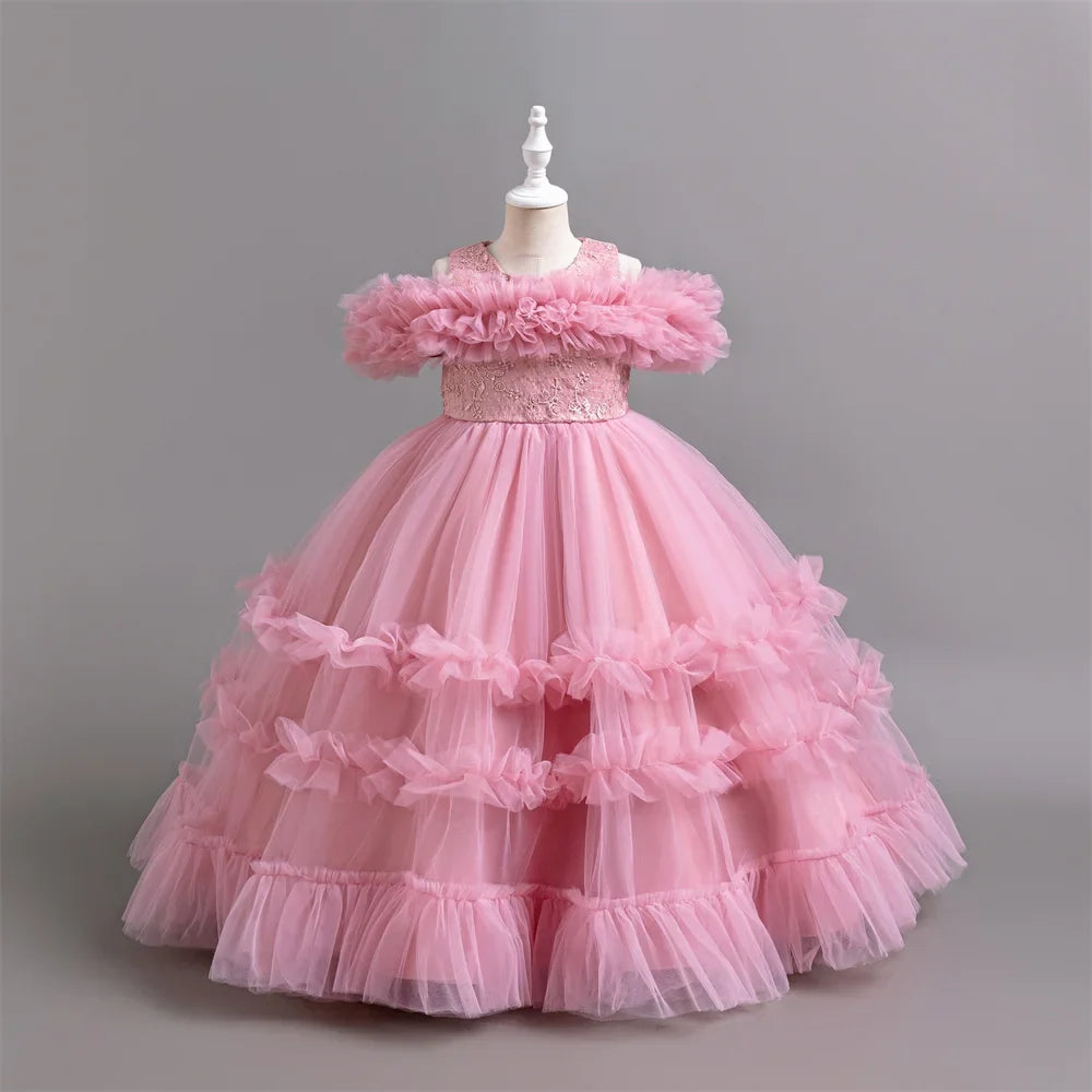 New Elegant Dress for Girls Flower Wedding Long Embroidered Panto Skirt 4-12 Years Old Piano Performance Girl Dress