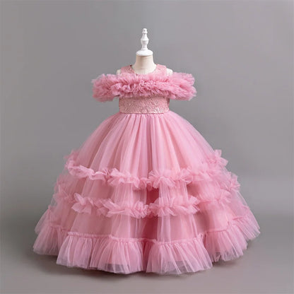 New Elegant Dress for Girls Flower Wedding Long Embroidered Panto Skirt 4-12 Years Old Piano Performance Girl Dress