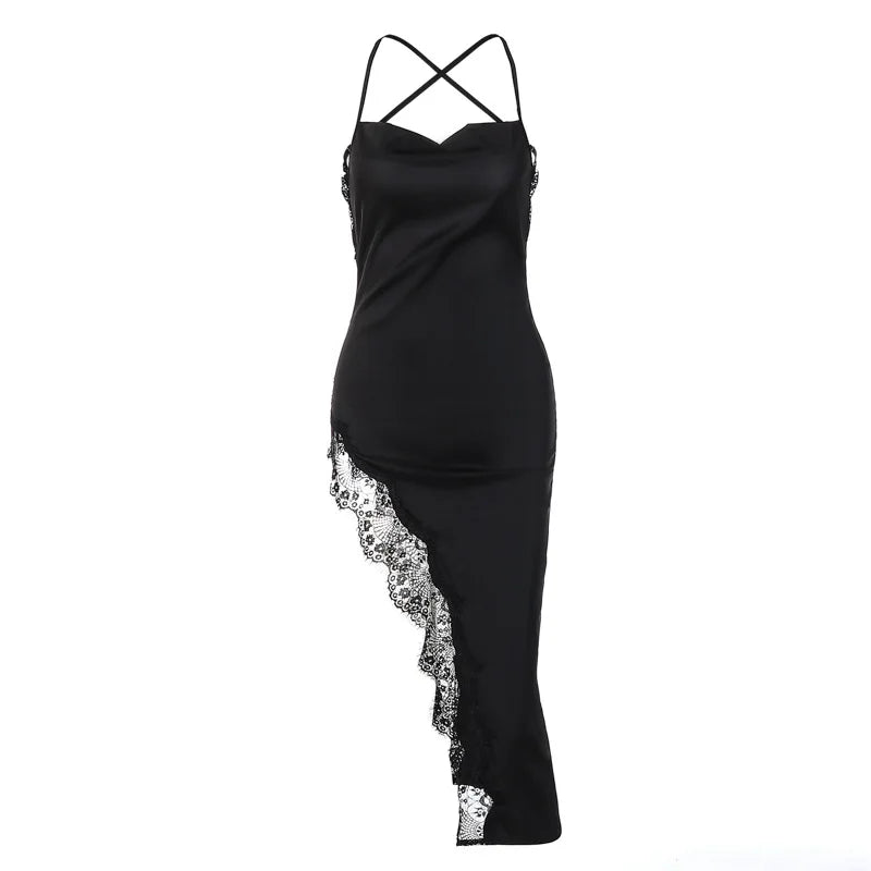 Sexy Lace Party Club Backless Bodycon Stain Black Straps Midi Dress 2022 Summer Clothes Wholesale Items For Resale