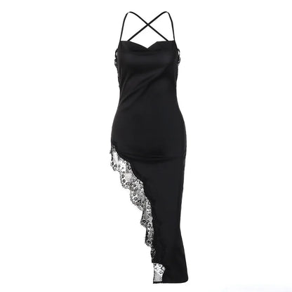 Sexy Lace Party Club Backless Bodycon Stain Black Straps Midi Dress 2022 Summer Clothes Wholesale Items For Resale