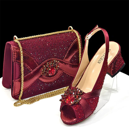 2025 Elegant Women's Peep-Toe Heels & Wine Color Diamond Pumps Set - Chic Italian Footwear & Matching Bags for Parties