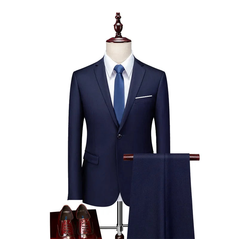 High-quality men's fashionable, stylish, versatile and trendy business casual solid color professional work suit set of two piec