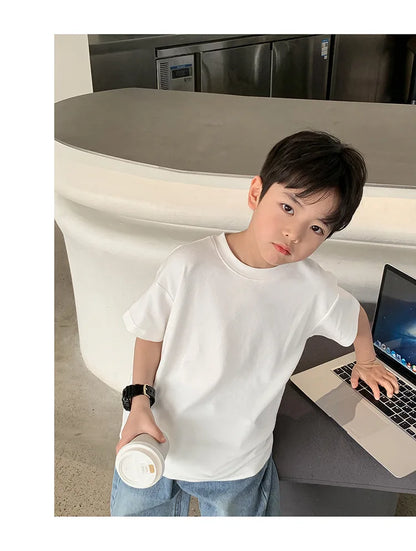 Summer Casual School Kids Cotton Plain Tee Tops Baby and Boys Short-Sleeved T-Shirt Children Outfit Clothing 1-16 Years