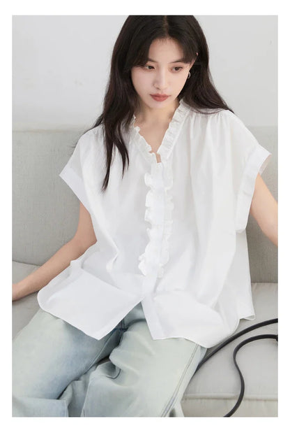 Women Shirts Loose Casual Cotton Ruffled Edge White Short Sleeved Shirt Female Blouses for Woman Summer 2025