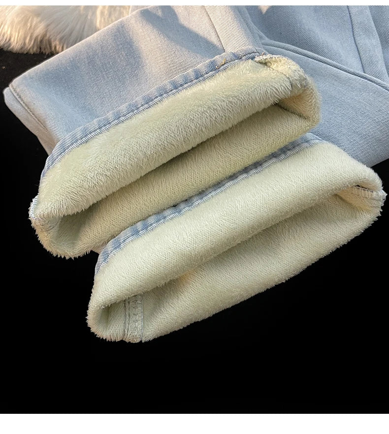 Thick Winter Straight Men's Jeans Fleece Warm Loose Plush Trousers Fashion Casual Wide-leg Plush Denim Pants Male