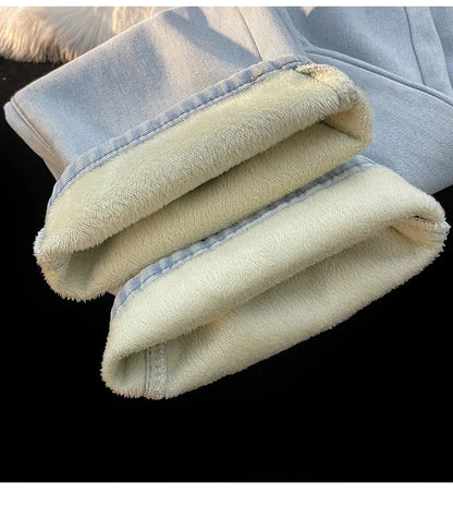 Thick Winter Straight Men's Jeans Fleece Warm Loose Plush Trousers Fashion Casual Wide-leg Plush Denim Pants Male