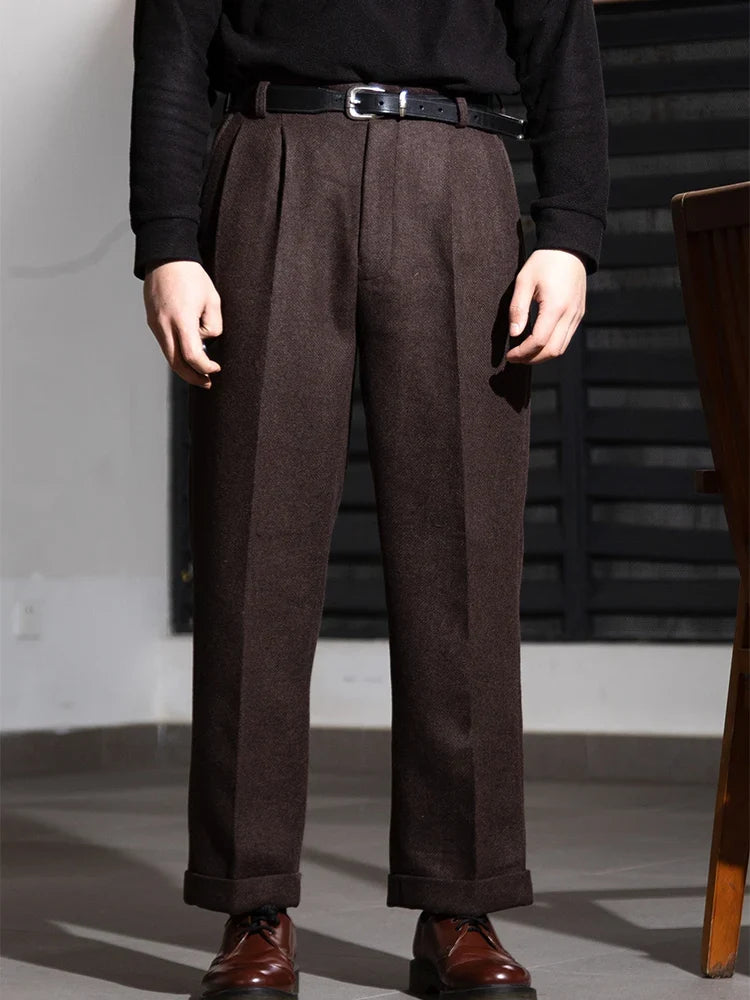 Textured Cross-Weave Wool Tweed Casual Pants Hollywood Waist Loose Straight-Leg Long Pants Vintage-Style Trousers Thick