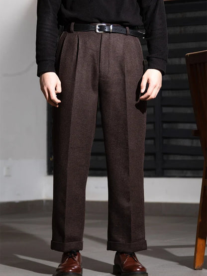 Textured Cross-Weave Wool Tweed Casual Pants Hollywood Waist Loose Straight-Leg Long Pants Vintage-Style Trousers Thick