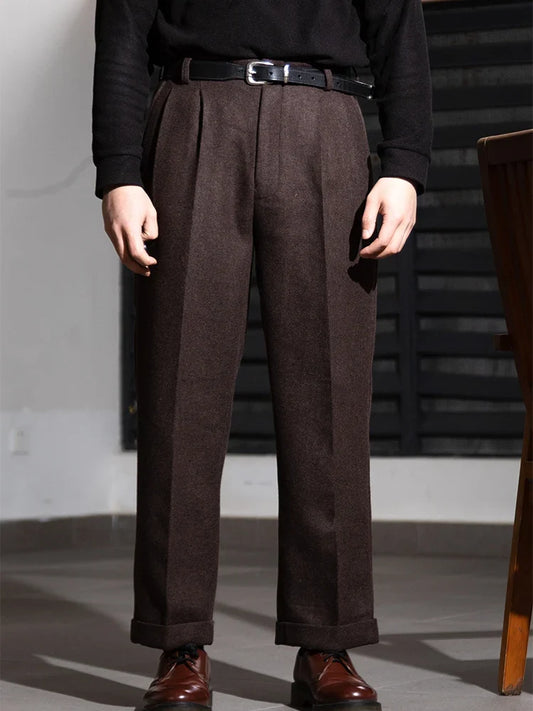 Textured Cross-Weave Wool Tweed Casual Pants Hollywood Waist Loose Straight-Leg Long Pants Vintage-Style Trousers Thick