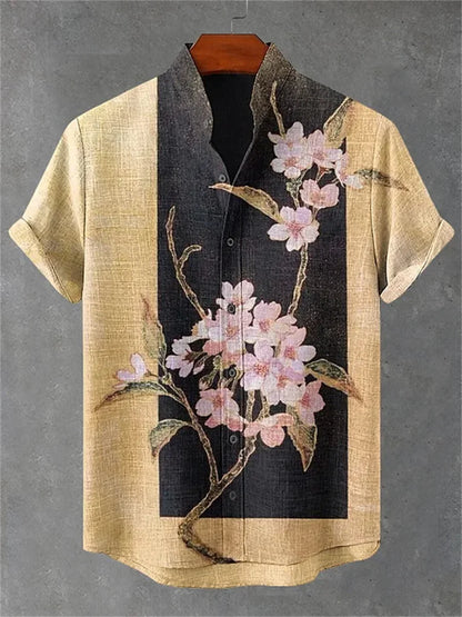 Men's short-sleeved shirt, samurai ink painting print, loose and breathable casual top, trendy retro design Hawaiian shirt.