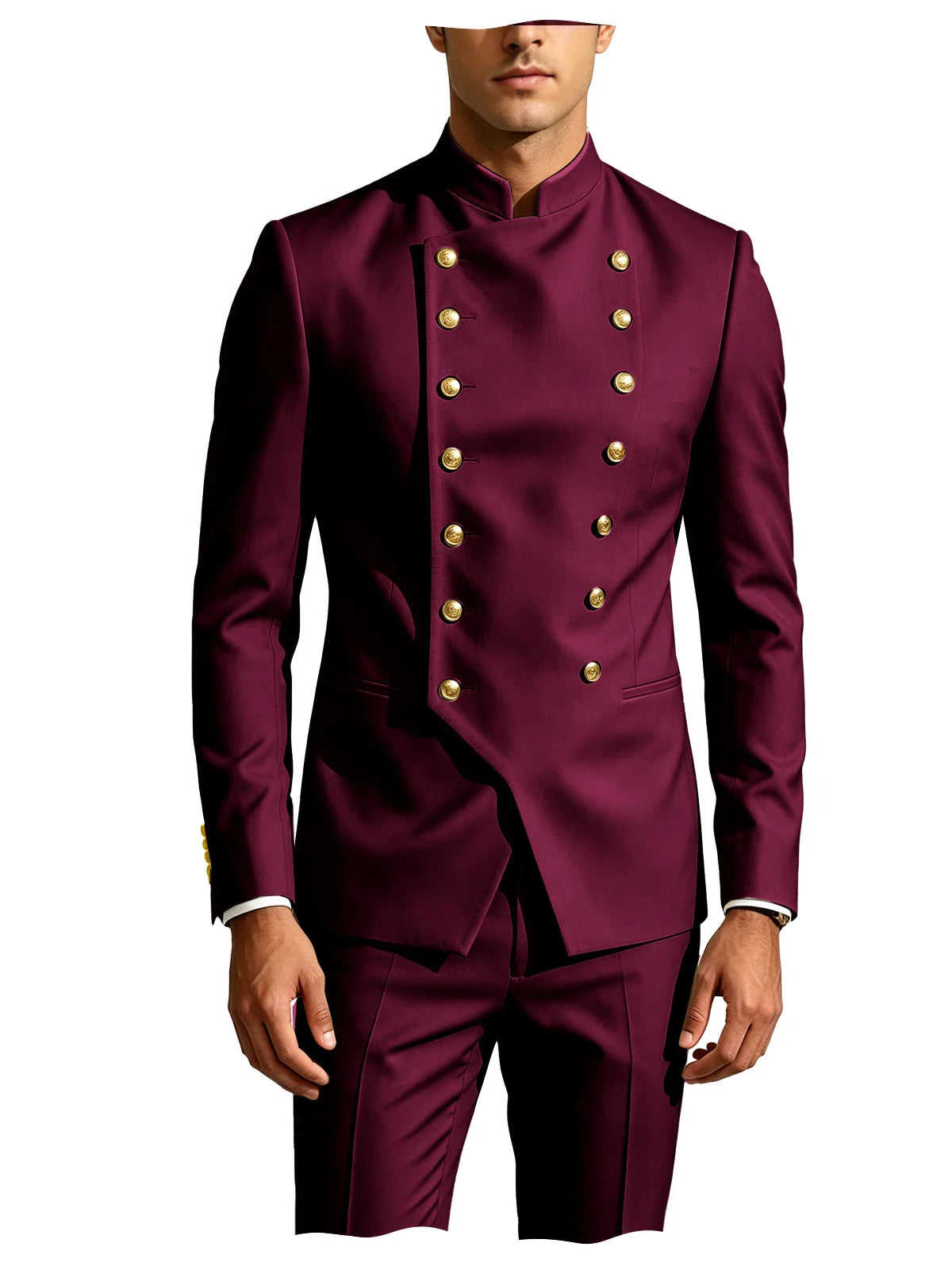 Men's Double Breasted Stand Collor Suit 2 Pieces Blazer Pants Set Slim Fit Business Casual Suit Jacket Formal Wedding Tuxedo