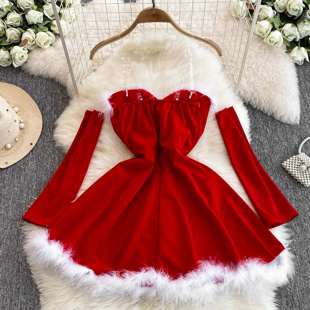 Women's Christmas Dress Sexy Low-cut Waist Thin Big Pendulum Fluffy Splicing Suspender Tube Ling Dress Red
