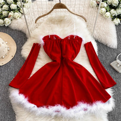 Women's Christmas Dress Sexy Low-cut Waist Thin Big Pendulum Fluffy Splicing Suspender Tube Ling Dress Red
