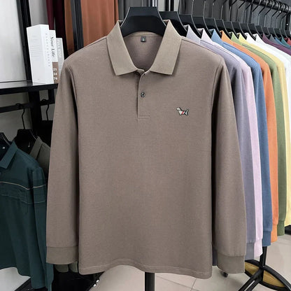 Fashion brand autumn new men's top casual warm 100% cotton long sleeved Polo shirt