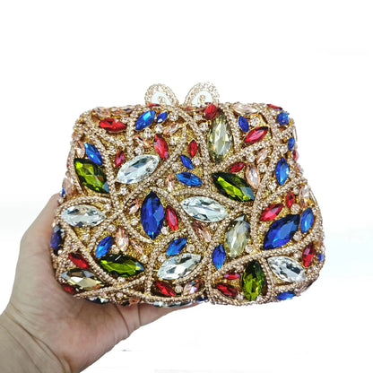 Women Elegant Brown Rhinestone Evening Bag Colorful Crystal Shoulder Clutch Fashion Bridal Handbag Wedding Party Purses