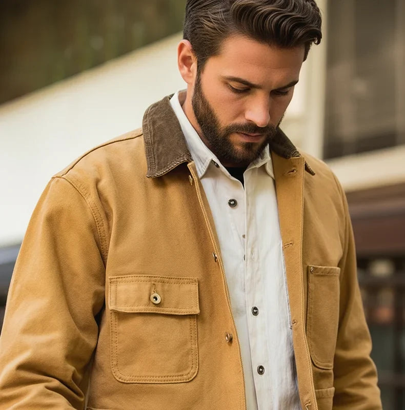 Vintage Heavyweight Michigan Chore Jackets Multi-Pocket Canvas Hunting Coat for Men's Spring Loose Lapel Collar Outwear
