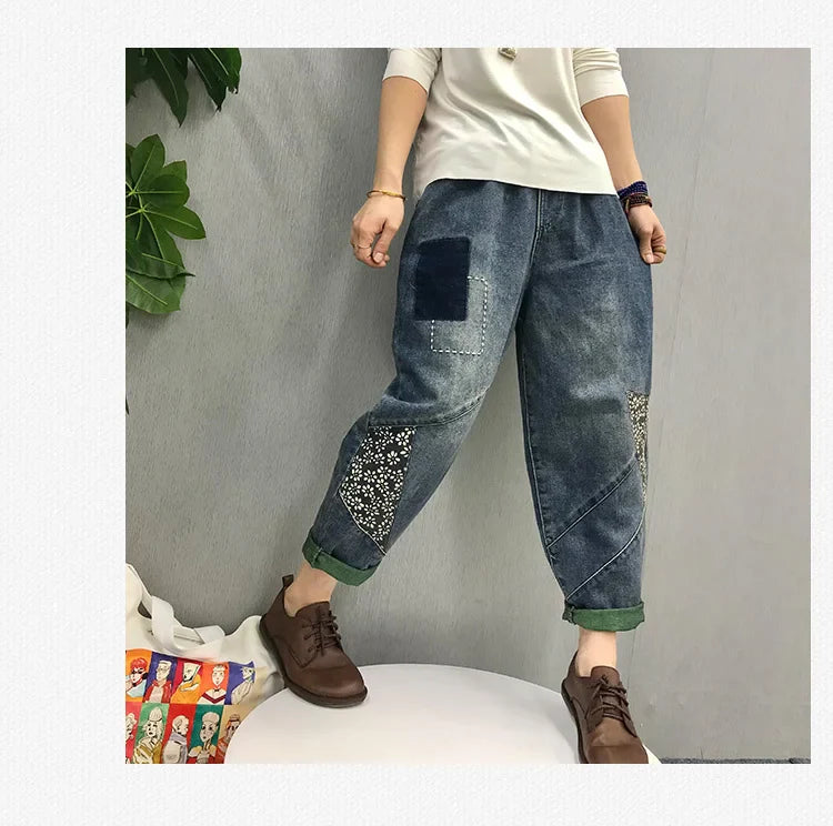 2024 Chinese Style Spring Womens Printed Patchwork Jeans Ladies Vintage Blue Denim Pants Female Casual Punk Pantalons