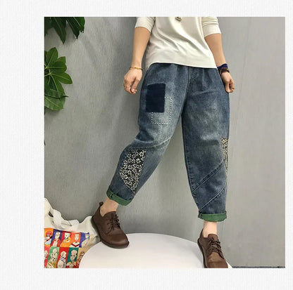 2024 Chinese Style Spring Womens Printed Patchwork Jeans Ladies Vintage Blue Denim Pants Female Casual Punk Pantalons