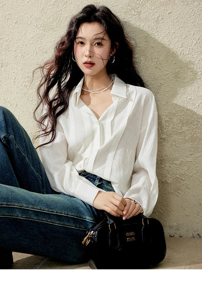Solid Loose Fit Shirt for Women Spring 2025 Dropped Shoulder Long Sleeved  Top Casual Turn-down Collar Shirts MXE13C0405