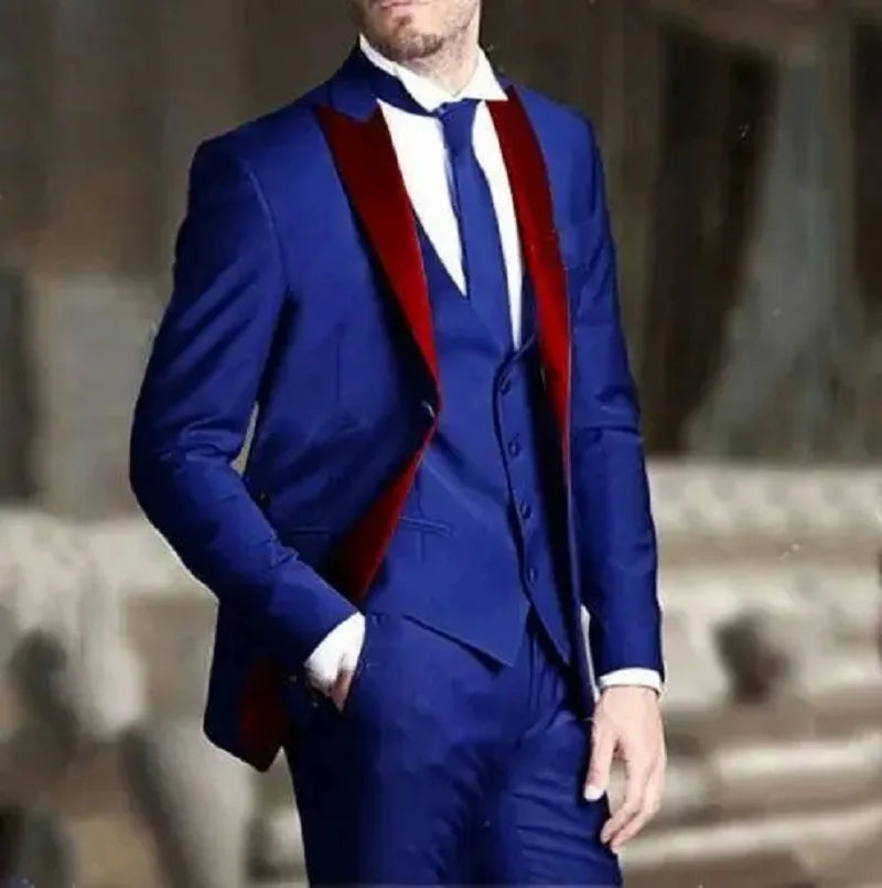 Royal Blue Men Tuxedos Groom Wedding Suits Red Notched Lapel Best Man Wear Slim Fit Prom Party Blazer Long (Jacket+Vest+Pants)