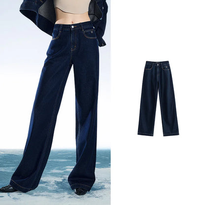 Women Denim Jeans 2025 Spring New Acetate Wide Leg Mid Low Waist Slim Fit Straight Wide Leg Pants