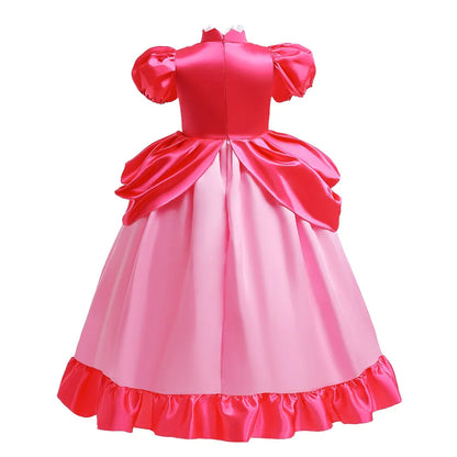 New 2026 Movie Inspired Lolita Princess Dress Super Plumber Bros's Friend Peach Costume Girls Pink Lace Frock Role Play Apparel