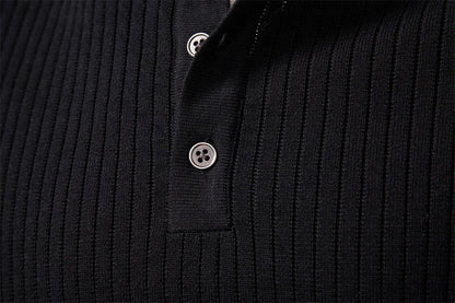 Button Placket Polo Shirt Men Ribbed Stripe Long Sleeve Contemporary Fit Minimalist Autumn Winter Premium Business Top
