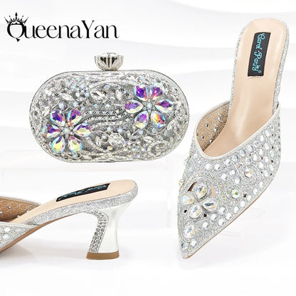 Nigerian Design Comfortable Women's Shoes with Diamond Oval Bag Women's High Heels for Party or Work