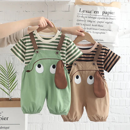 New Kids Baby Boys Girls Clothes For Summer Children Cartoon Striped T-Shirt Bib Pants 2Pcs/Set Toddler Fashion Tracksuits