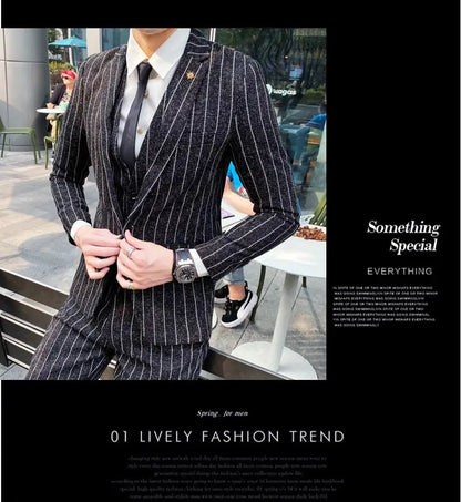 2023 Men's British Fashion Three-piece Set Slim Fit Suit Vest Trousers Ensemble Handsome Trendy All-in-one Banquet Blaze