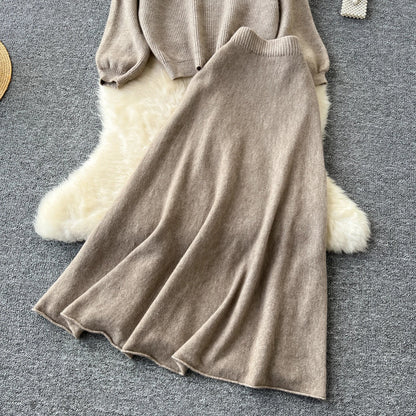 Autumn Casual Two Pieces Sets Women O-Neck Loose Knitting Top+Elastic Waist Large Swing Skirt Basic Korean Winter Sets