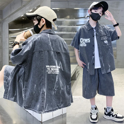 Cool Summer Set for Boys Denim Top and Bottom Set Kids Child Short Sleeve Shirt And Shorts 2 Pieces Outfits Suit Age 5-14 Years