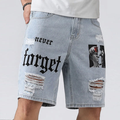Men Summer Stretchy Denim Shorts Jeans For Men Streetwear Letter Ripped Knee length Baggy Comfort Cargo Casual Shorts Pants Jean