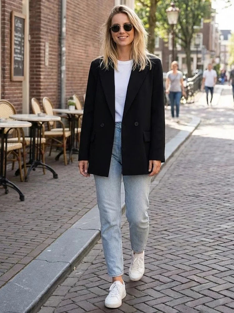 Women Fashion With Pockets Solid Double Breasted Blazer Vintage Long Sleeves Notched Neck Female Office Lady Outfits