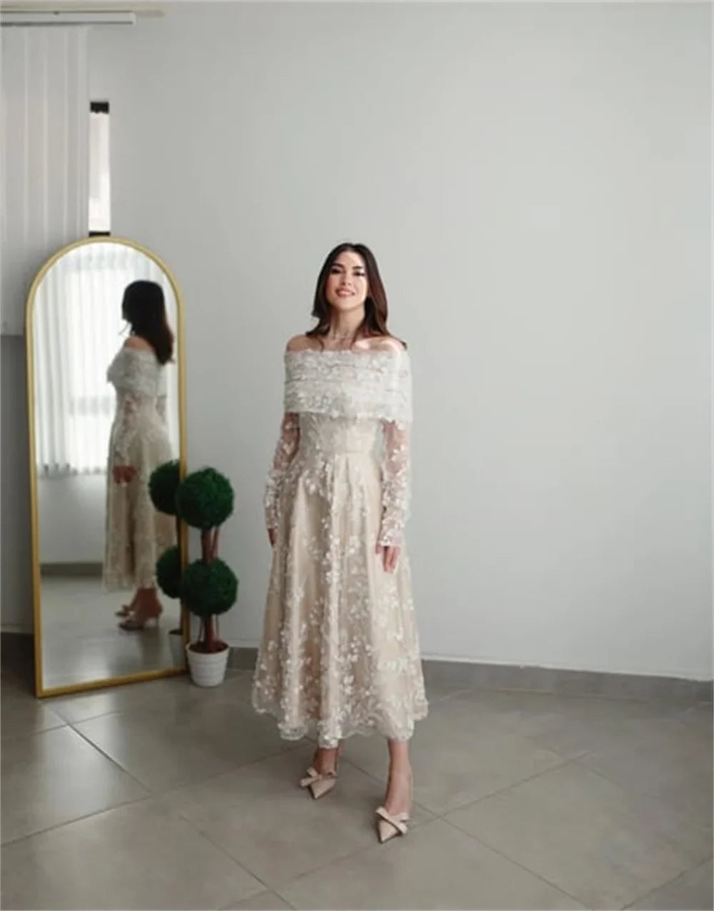 Champagn Tulle Evening dresses Off the Shoulder A-line Vestidos De Fiesta Elegant Long Sleeves Ankle-length  فساتين سهرة