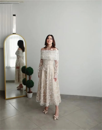 Champagn Tulle Evening dresses Off the Shoulder A-line Vestidos De Fiesta Elegant Long Sleeves Ankle-length  فساتين سهرة