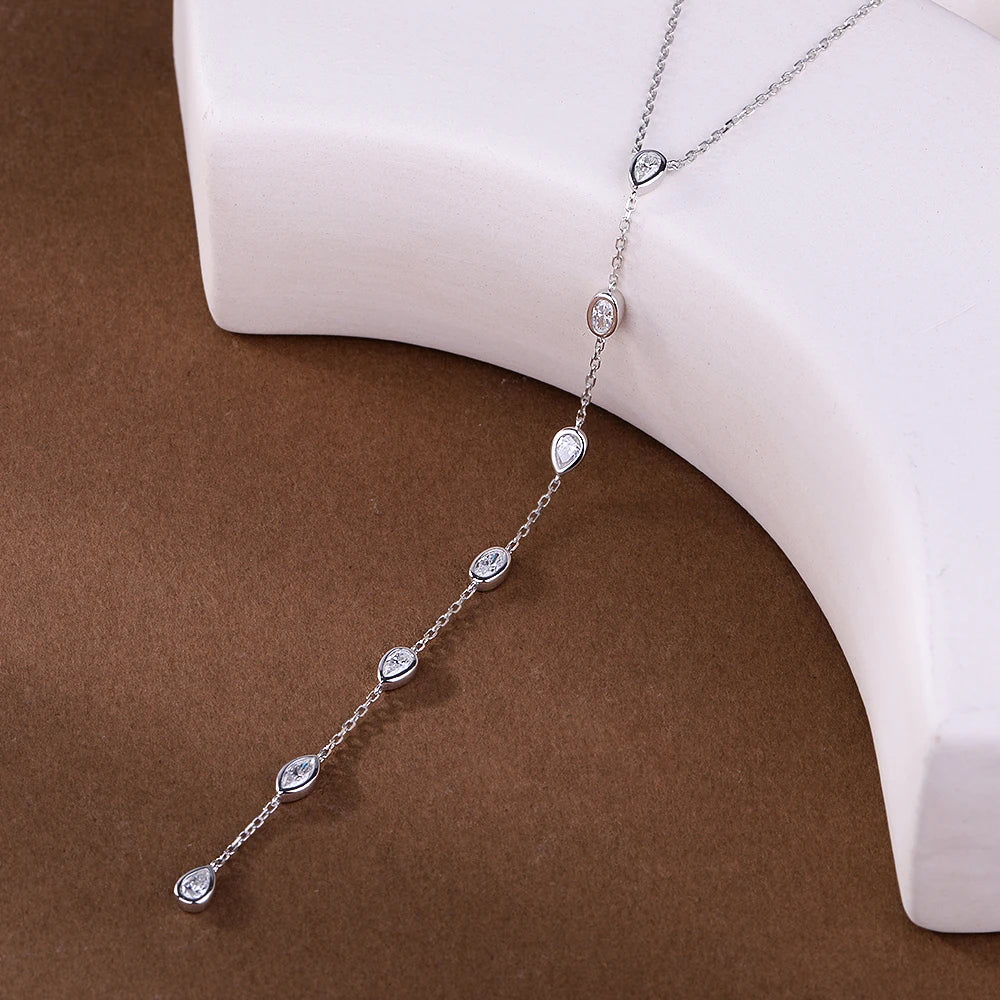 Multi Shape Moissanite Lariat Necklace for Women S925 Silver Bezel Set Pear/Oval Marquise Diamond Long Tassel Drop Necklace
