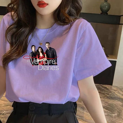 Vampire Diaries Cotton Women Girls Casual Harajuku T-shirt O-neck Short Sleeve Streetwear Ladies Graphic Summer Female T-shirt