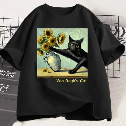 Van Gogh Cat Art Print T-shirt Fun Pattern T-shirt Trendy Summer Loose Short Sleeve T-shirt Women's Harajuku Top Women Clothing