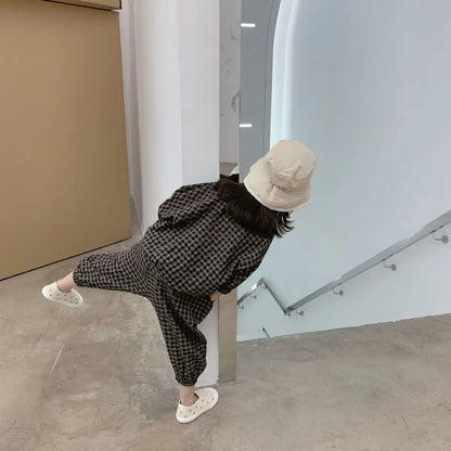 Kid Girls Korean Style Cotton Linen Suits Spring Autumn 2026 New Summer Baby Girl Fashion Casual Plaid 7-point Sleeve 2pcs Sets