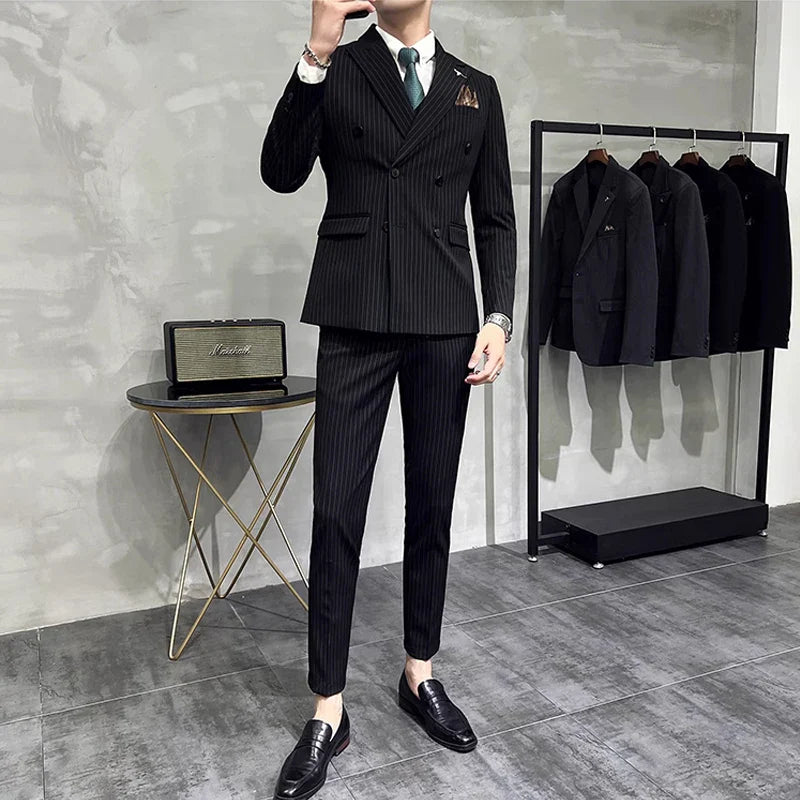 M-7XL ( Blazer + Pants ) Luxury Classic Striped Men's Official Office Casual Business Double -breasted Suit Groom Wedding Gown