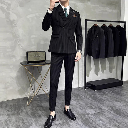 M-7XL ( Blazer + Pants ) Luxury Classic Striped Men's Official Office Casual Business Double -breasted Suit Groom Wedding Gown